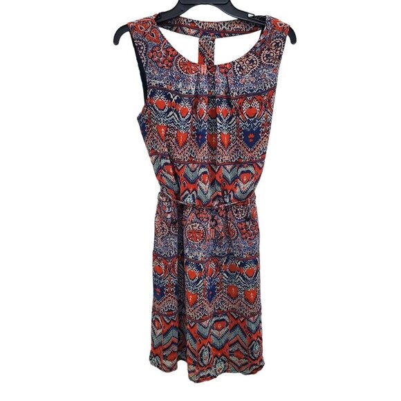 Enfocus Studio Women's‎ Orange Blue Ikat Cage T-Back Sleeveless Blouson Dress 10 - Picture 1 of 5